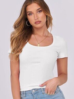 Women Short Sleeve Scoop Neck Ribbed Knit Slim Fitted Tee Shirt, WHITE, SMALL